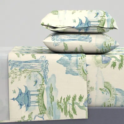Spoonflower Chinoiserie Landscape With Pagoda's And Waterfall - Blue Green White - 18 Queen Sheet Se