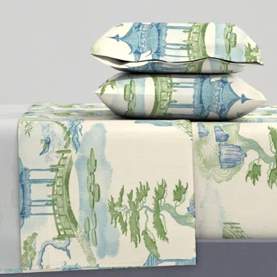 Spoonflower Chinoiserie Landscape With Pagoda's And Waterfall - Watercolors - 24 Queen Sheet Set