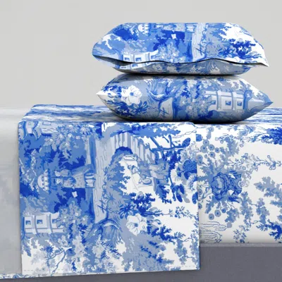 Spoonflower Chinoiserie Palace Willow Blue And White Queen Sheet Set