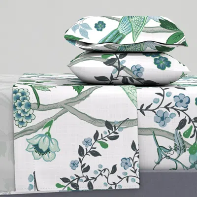 Spoonflower Chinoiserie Peacock Birds Greens On Linen Texture - Wallpaper King Sheet Set