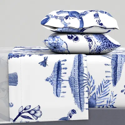 Spoonflower Chinoiserie - "whimsy" - Blue And White - Large Scale Pattern Queen Sheet Set