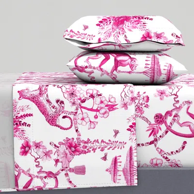 Spoonflower Chinoiserie Whimsy Pink And White Queen Sheet Set