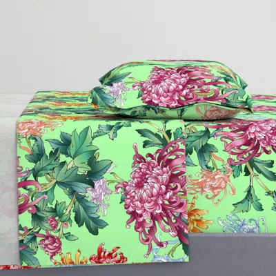 Spoonflower Chrysantemum Mint Green Twin Sheet Set
