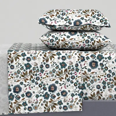 Spoonflower Clusters Of Tossed Flowers And Leaves In Muted Blues And Browns On White Queen Sheet Set