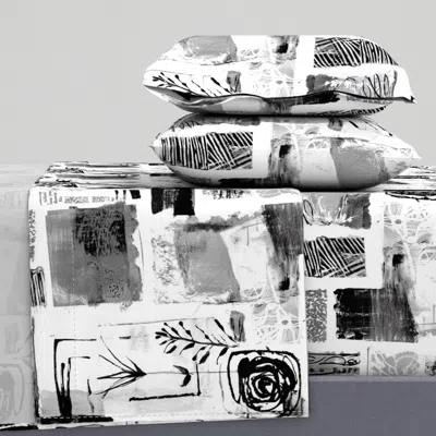 Spoonflower Collage Black White Asemic Writing And Stamps Pattern King Sheet Set