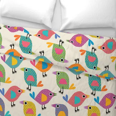 Spoonflower Colorful Birds On Cream - 24-inch Repeat Wide Cotton Sateen 3.5 oz 26" X 20" Standard Knife Edge