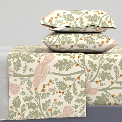 Spoonflower Cottagecore Birds & Berries - Sage Green And Blush Pink - 24 Queen Sheet Set
