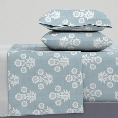 Spoonflower Cottagecore Floral Block Print - Blue - Small King Sheet Set