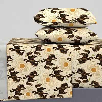 Spoonflower Cowboys And Sunshine - 12" - Black Cream Gold And Moss Queen Sheet Set