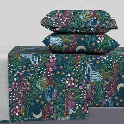 Spoonflower Cozy Dreams Of Fireflies -magic Meadow Moon Flowers -purple Blue Green -xlg Queen Sheet