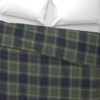 Spoonflower Cozy Heritage Tartan Plaid Woven Texture Dark Forest Green Navy Blue Tan Euro Pillow Sha