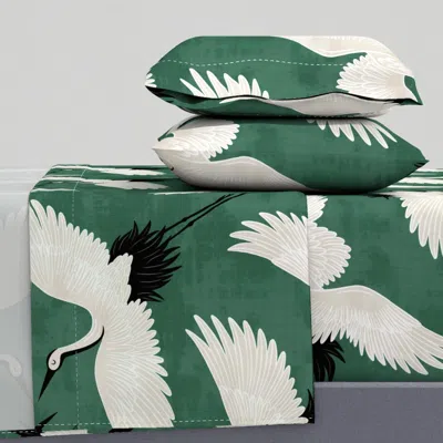 Spoonflower Cranes - Emerald Queen Sheet Set In Green