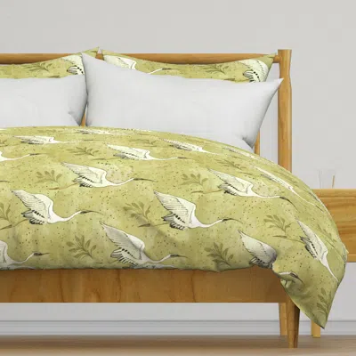 Spoonflower Cranes In Flight - Large - Duvet Cover In Green