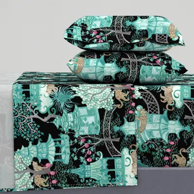 Spoonflower Custom Leopards In Pagoda Forest Green On Black Queen Sheet Set