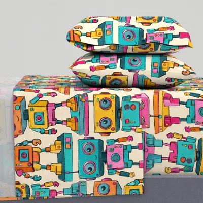 Spoonflower Cute Retro Toy Robot Display On Cream Large Print King Sheet Set