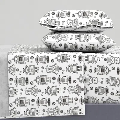 Spoonflower Cute Robots Black & White Coloring Full Sheet Set