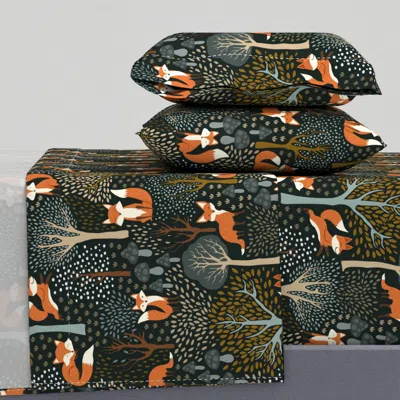 Spoonflower Cute Woodland Fox - Dark Jungle Green Queen Sheet Set