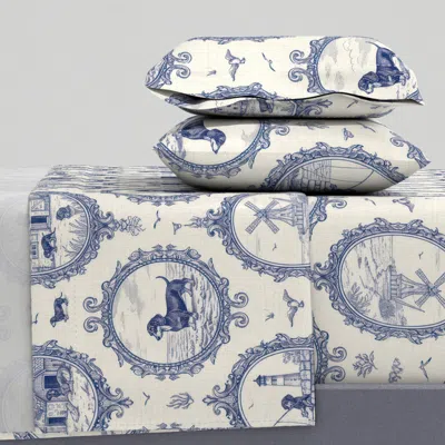 Spoonflower Dachshund Puppy Toile Pattern. Blue & White Vintage Dog French Country Queen Sheet Set