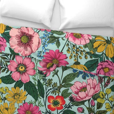 Spoonflower Daisy Dandelion Wildflower Meadow - Aqua Blue Wide Cotton Sateen 3.5 oz 26" X 20" Standard Knife Edg