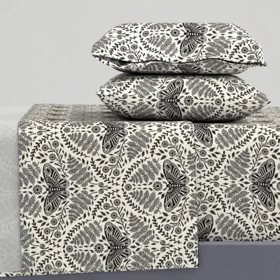 Spoonflower Damask Dark Boho Aesthetic Hand Drawn Forest Flora And Luna Moth Queen Sheet Set