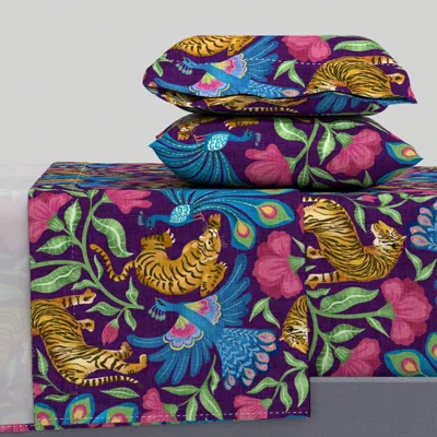 Spoonflower Dance Of The Peacocks And Tigers - Eggplant - Large Queen Sheet Set
