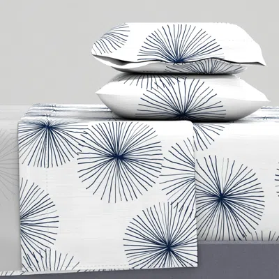 Spoonflower Dandelions White Navy By Friztin King Sheet Set