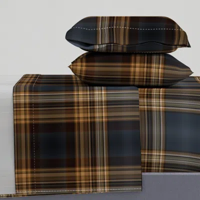 Spoonflower Dark Blue And Brown Fine Line Plaid Large Scale For Wallpaper And Home Queen Sheet Set