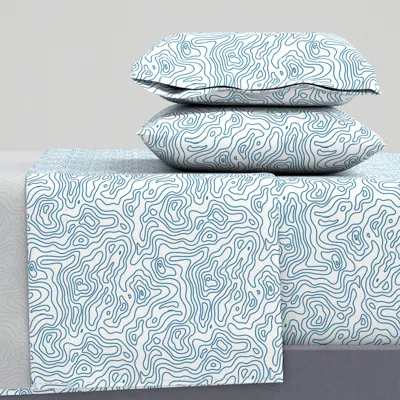 Spoonflower Dark Light Blue And White Stripes Wave Elevation Topographic Topo Map Queen Sheet Set