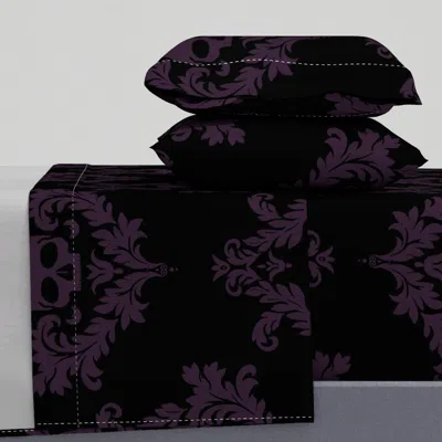 Spoonflower Dark Plum Skull Damask On Black Huge Queen Sheet Set