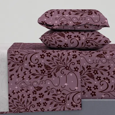 Spoonflower Dark Purple Flower Pattern With Stars - Large Scale Queen Sheet Set