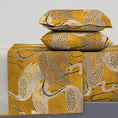 Spoonflower Deco Cranes - Golden Hour - 24 X 35.56 Inch Repeat Scale King Sheet Set