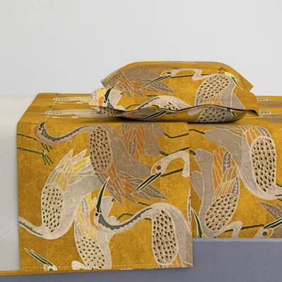 Spoonflower Deco Cranes - Golden Hour - 24 X 35.56 Inch Repeat Scale Twin Sheet Set