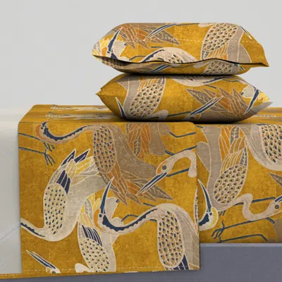 Spoonflower Deco Cranes Golden Hour With Navy Accents King Sheet Set