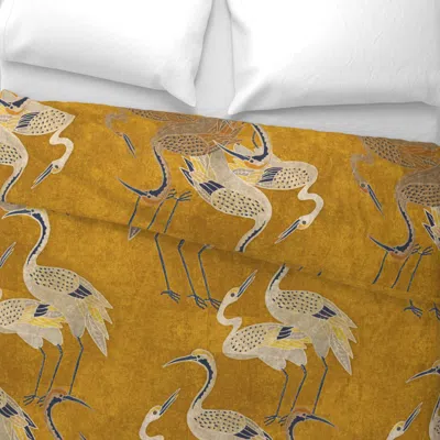 Spoonflower Deco Cranes Golden Hour With Navy Accents Wide Cotton Sateen 3.5 oz 26" X 20" Standard Knife Edge