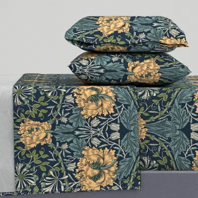 Spoonflower Deep Teal & Cream // William Morris Honeysuckle Arts And Crafts Movement King Sheet Set