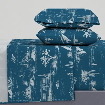 Spoonflower Desert-x-traterrestrial Toile - Night Time White On Blue - Large Scale Queen Sheet Set