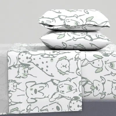 Spoonflower Doodle Dogs Blends With Sherwin Williams Taiga Sage Green 12in X 24in Queen Sheet Set