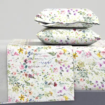 Spoonflower Eame's Wildflower Meadow - Watercolor Floral Botanical Easter Spring Queen Sheet Set