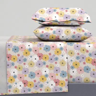 Spoonflower Easter Daisies With Scattered Spring Flowers On Beige Warm White S Queen Sheet Set