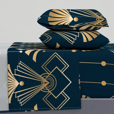 Spoonflower Elegant Art Deco Retro Design Midnight Blue And Gold Cal King Sheet Set