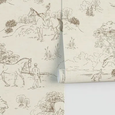 Spoonflower Elegant Equestrian Toile W Victorian Charm & Countryside Scenery Brown Xl Performance 2' X 12' In Pink