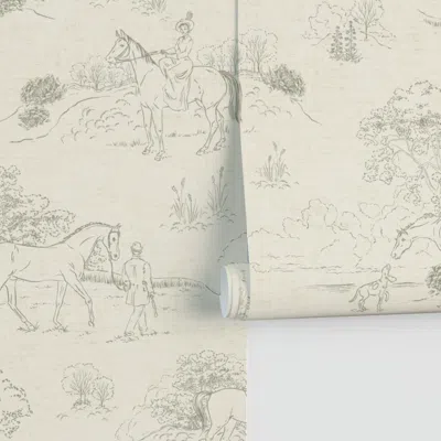 Spoonflower Elegant Equestrian Toile W Victorian Charm & Countryside Scenery Sage Xl Performance 2' X 12' In Neutral