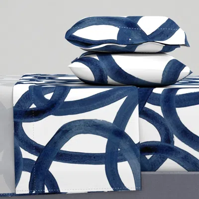 Spoonflower Extra Large Circles Half Drop Navy On White Queen Sheet Set