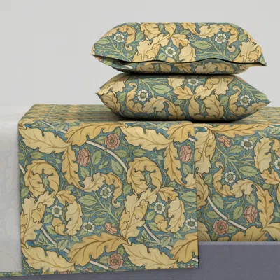 Spoonflower Faded Distressed William Morris Acanthus And Rose Mustard Yellow & Blue Full Sheet Set