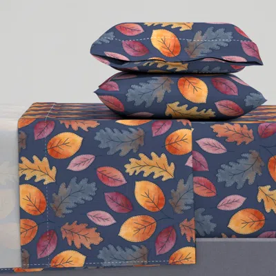 Spoonflower Falling Leaves On Blue - Large Scale Queen Sheet Set