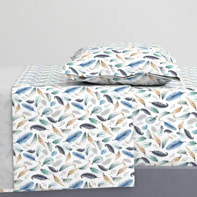 Spoonflower Feathers - Blue Teal Gray Coordinates With Mohave Dream Catchers Twin Sheet Set