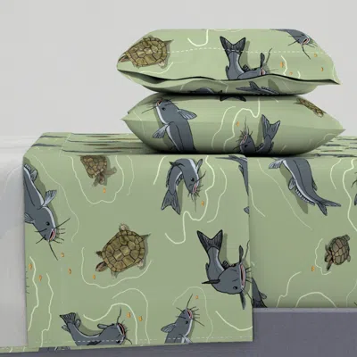 Spoonflower Feeding The Fish And Turtles Full Sheet Set In Green
