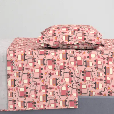Spoonflower Firetrucks On Pink Twin Sheet Set