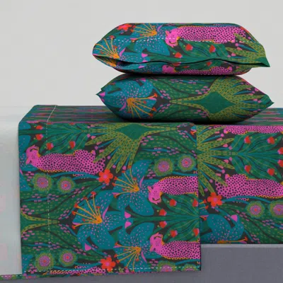 Spoonflower Flaming Hot Cheetah Garden // Large King Sheet Set In Green
