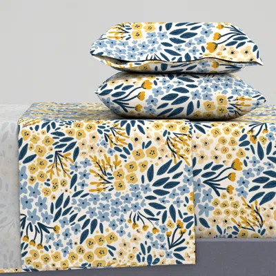 Spoonflower Flora - Blue And Yellow - Large Scale Queen Sheet Set